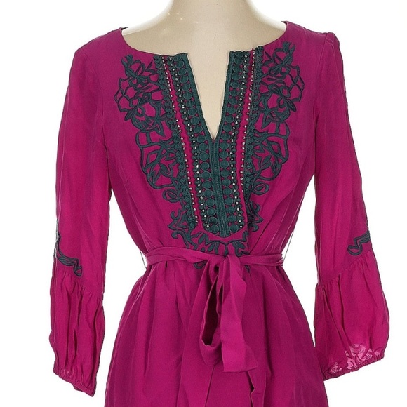 Nanette Lepore Magenta 100% Silk Embroidered Shift Dress Size 4 Small Boho Chic - Picture 7 of 7